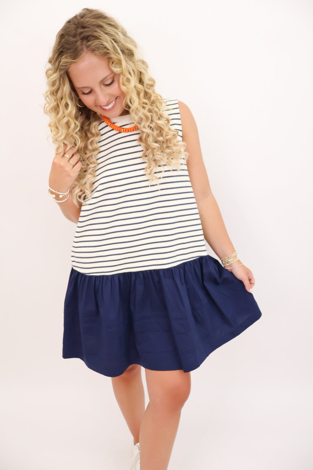 Striped Drop-Waist Dress - Navy