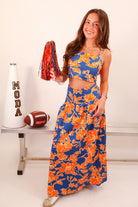 Blue & Orange Floral Top & Midi Skirt Set