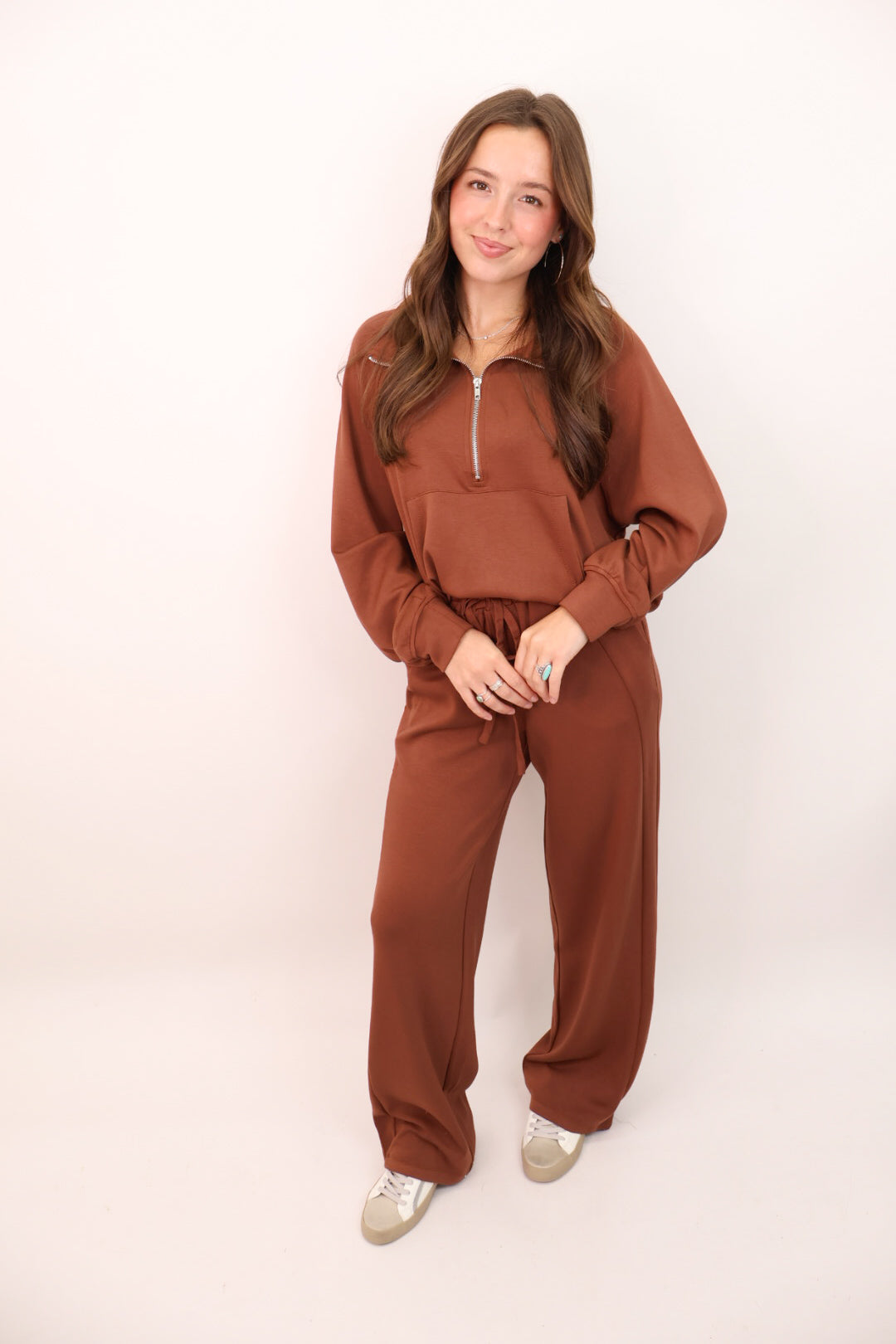 Soft Luxe Quarter Zip Pants Set - Brown