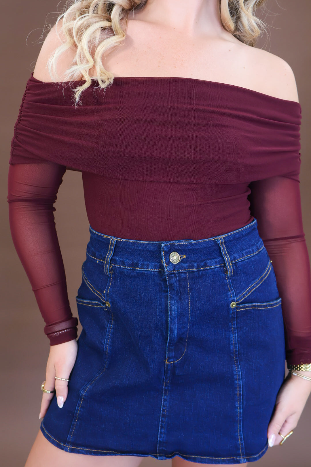 Burgundy mesh off shoulder long sleeve bodysuit