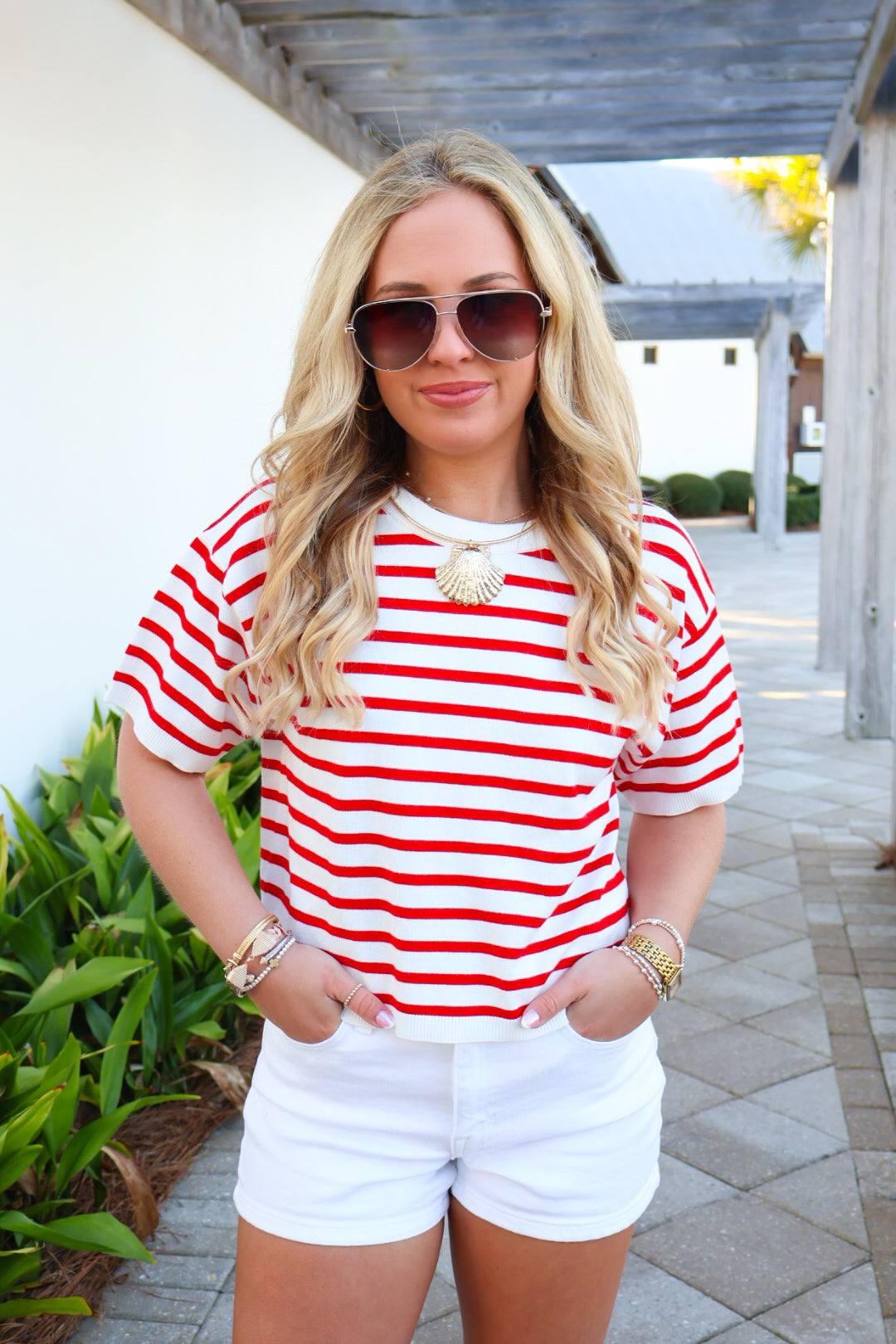 Coastal Classic Striped Sweater Tee – Red