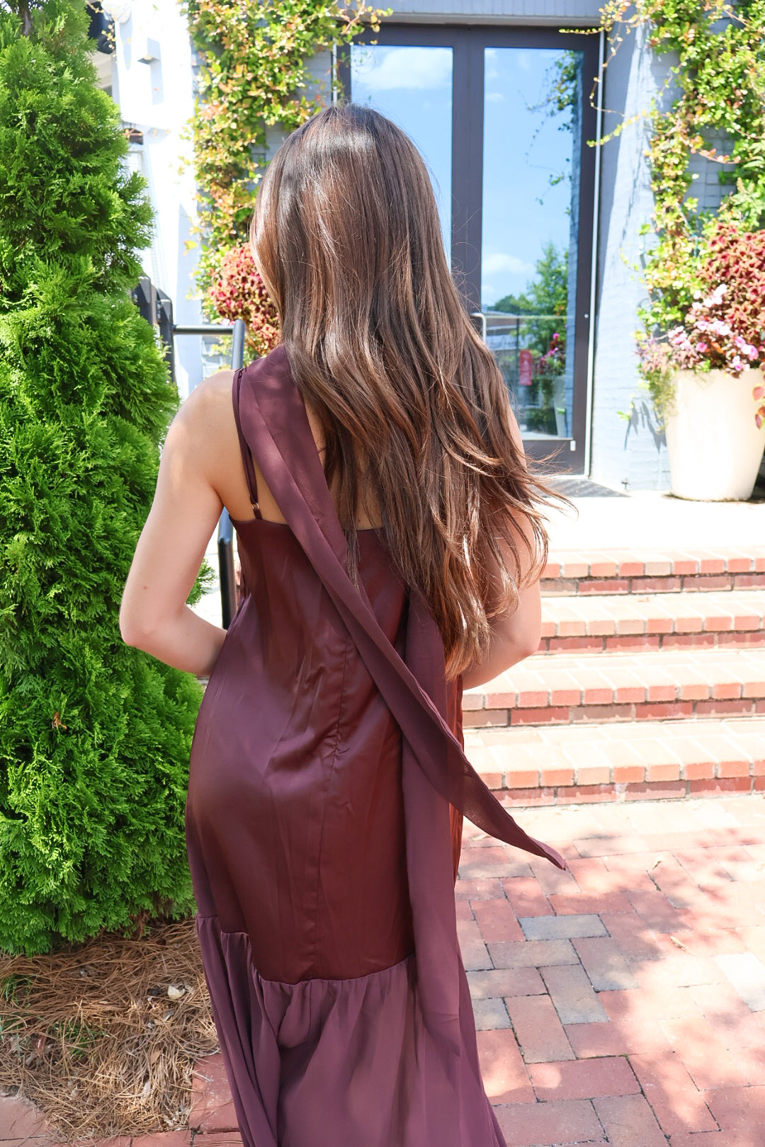 Chocolate brown satin slip maxi dress with adjustable straps and a detachable neck scarf