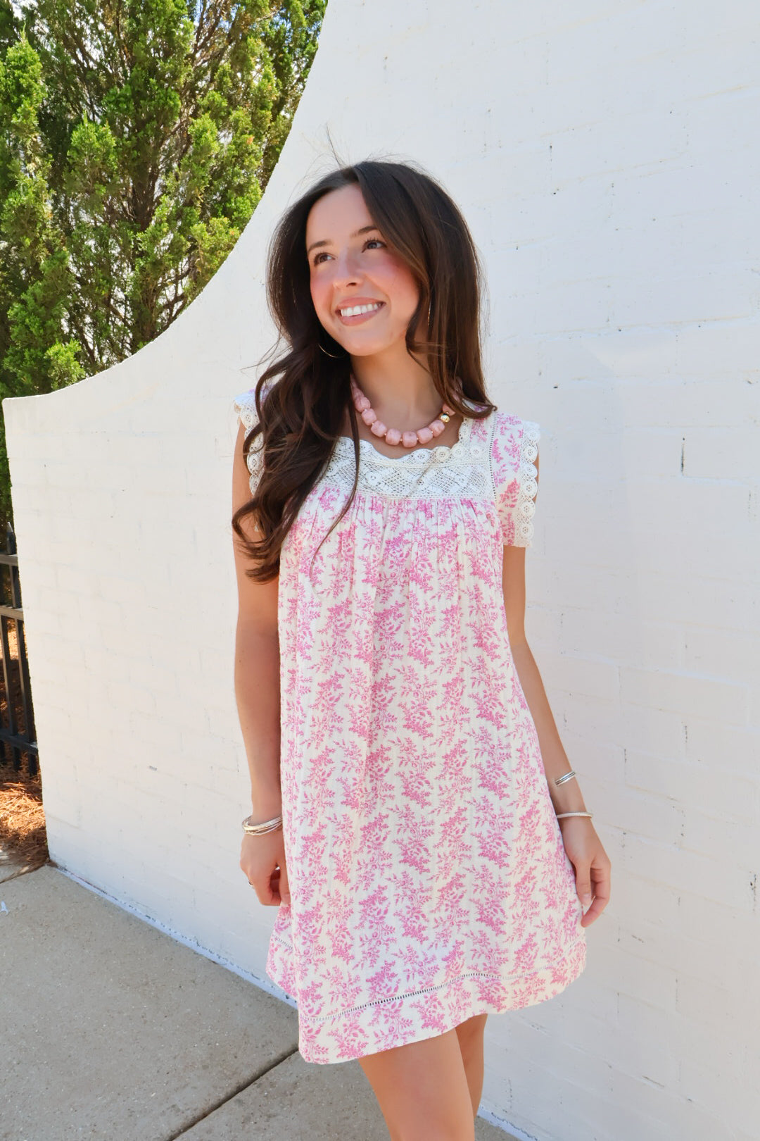Pink Floral Lace Trim Mini Dress