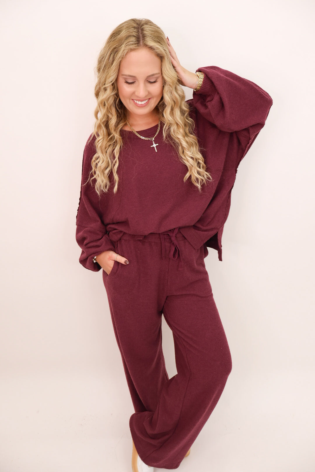 Ribbed Merlot Lounge Pants Set