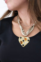 Taupe Scarf Necklace - Stone Embellished Heart