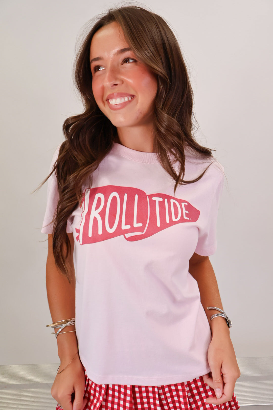 Pink Alabama Roll Tide flag crop tee — view 3