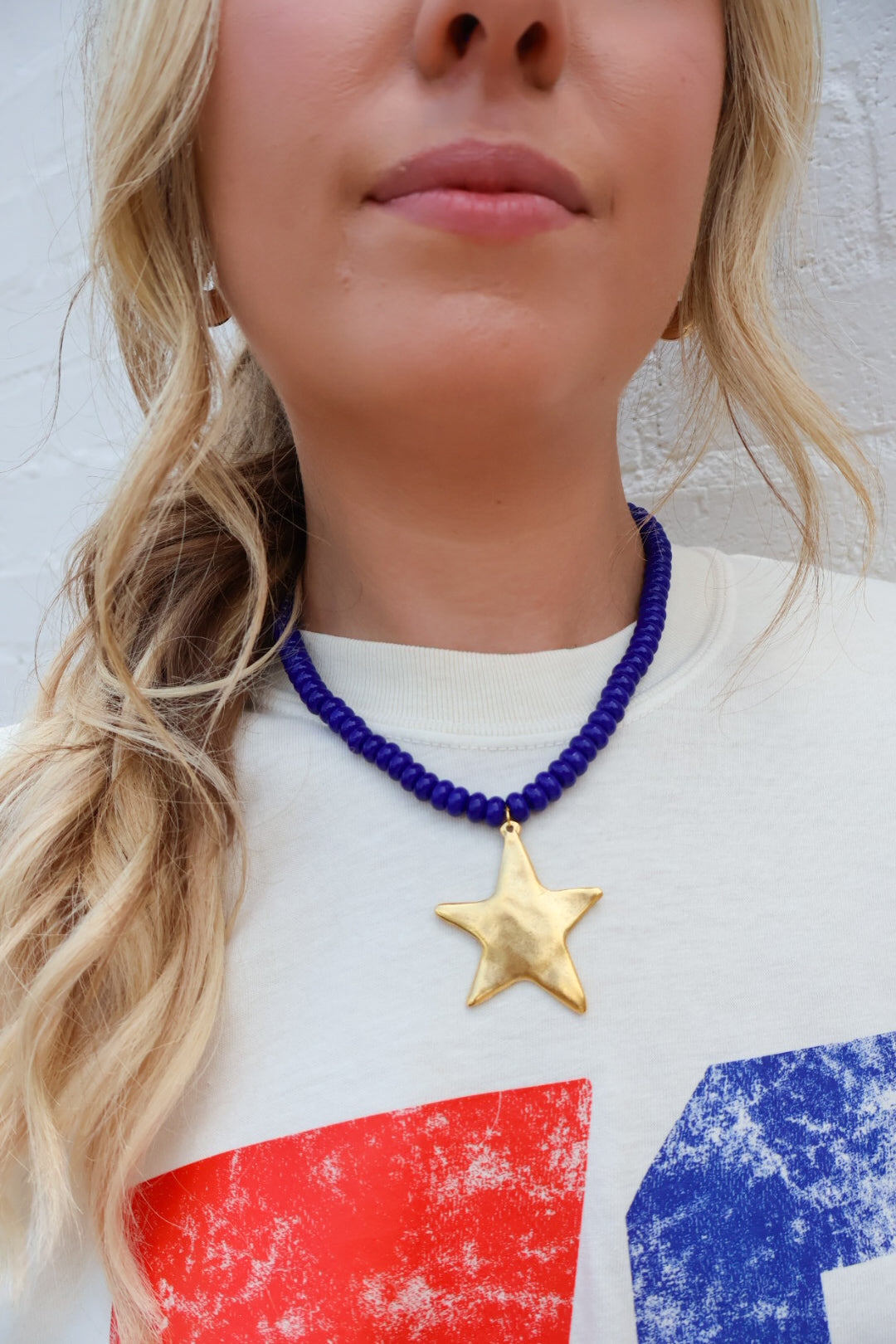 Navy Beaded Gold Star Choker Necklace