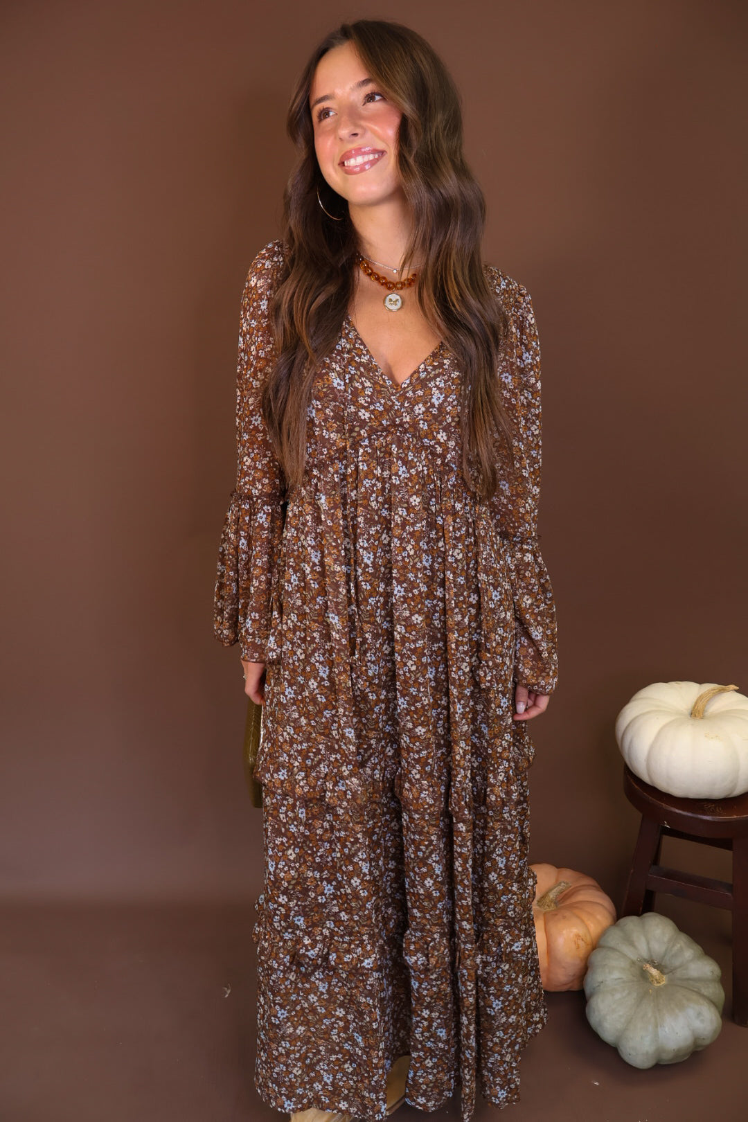 Brown Floral Long Sleeve Midi Dress — front view.