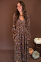 Brown Floral Long Sleeve Midi Dress — front view.
