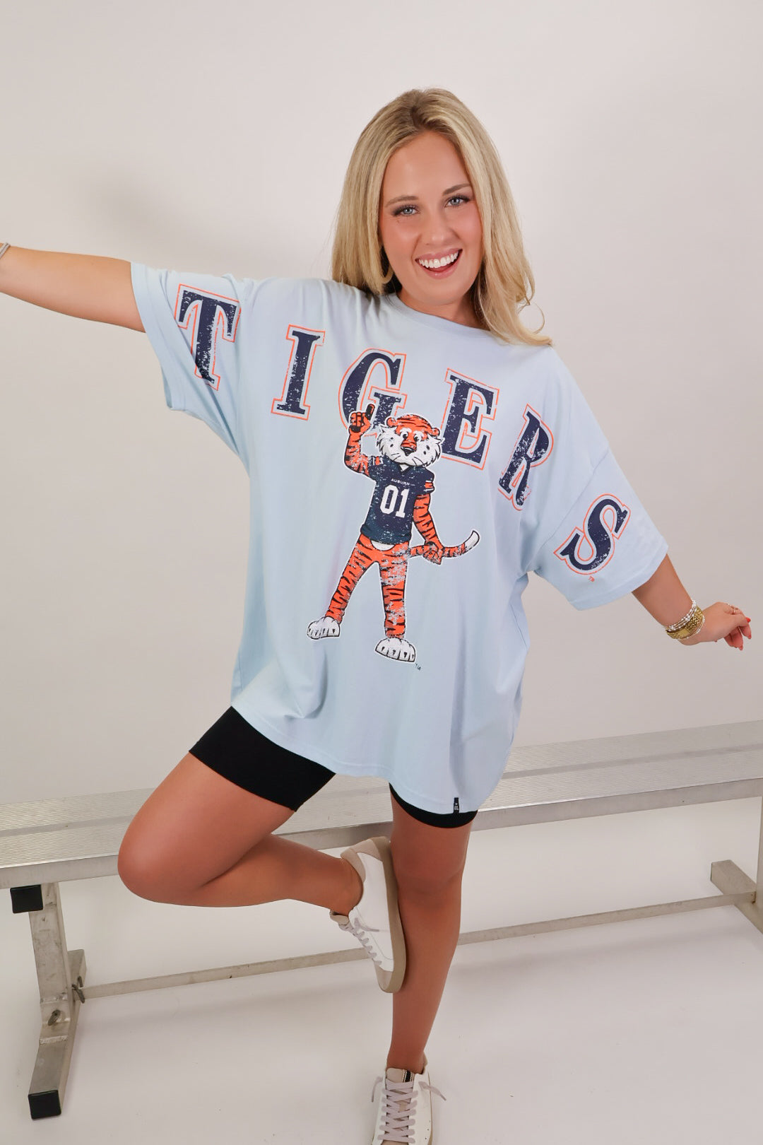Baby blue Auburn Tigers oversized tee with retro Aubie graphic on model