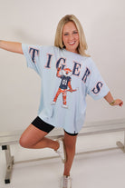 Baby blue Auburn Tigers oversized tee with retro Aubie graphic on model