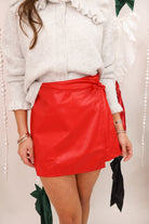 Red Faux-Leather Wrap Skort