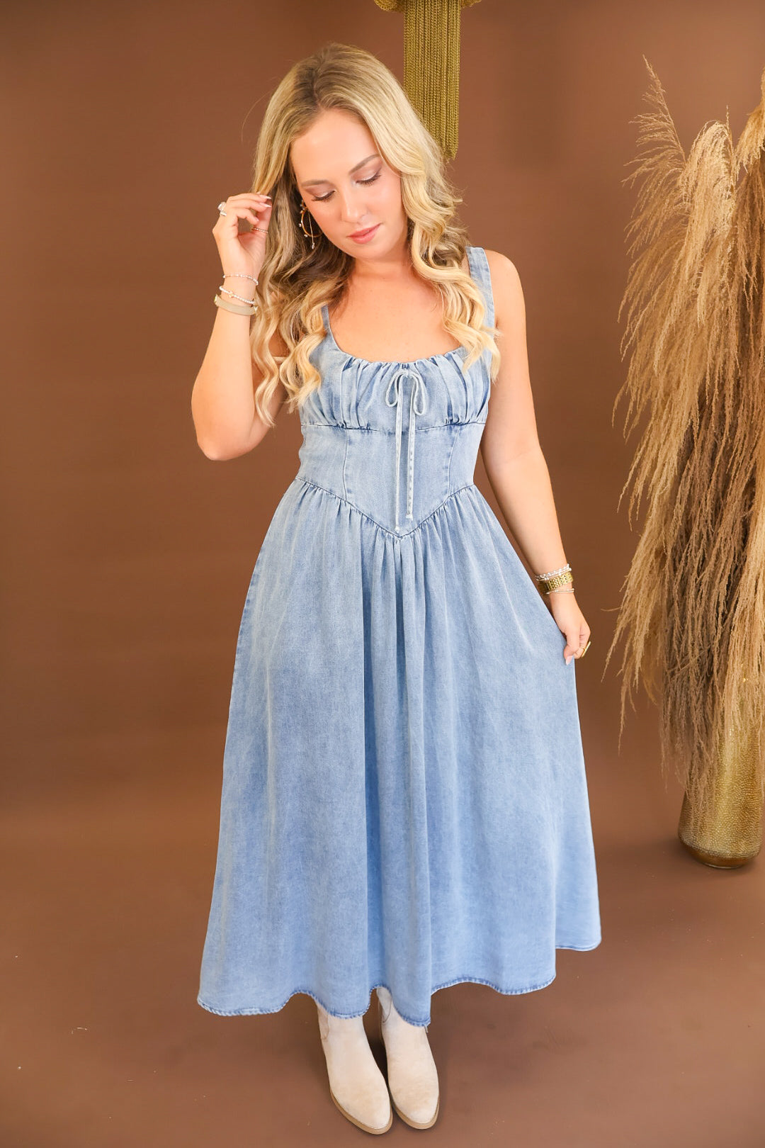 Chambray corset midi dress with tie-front detail