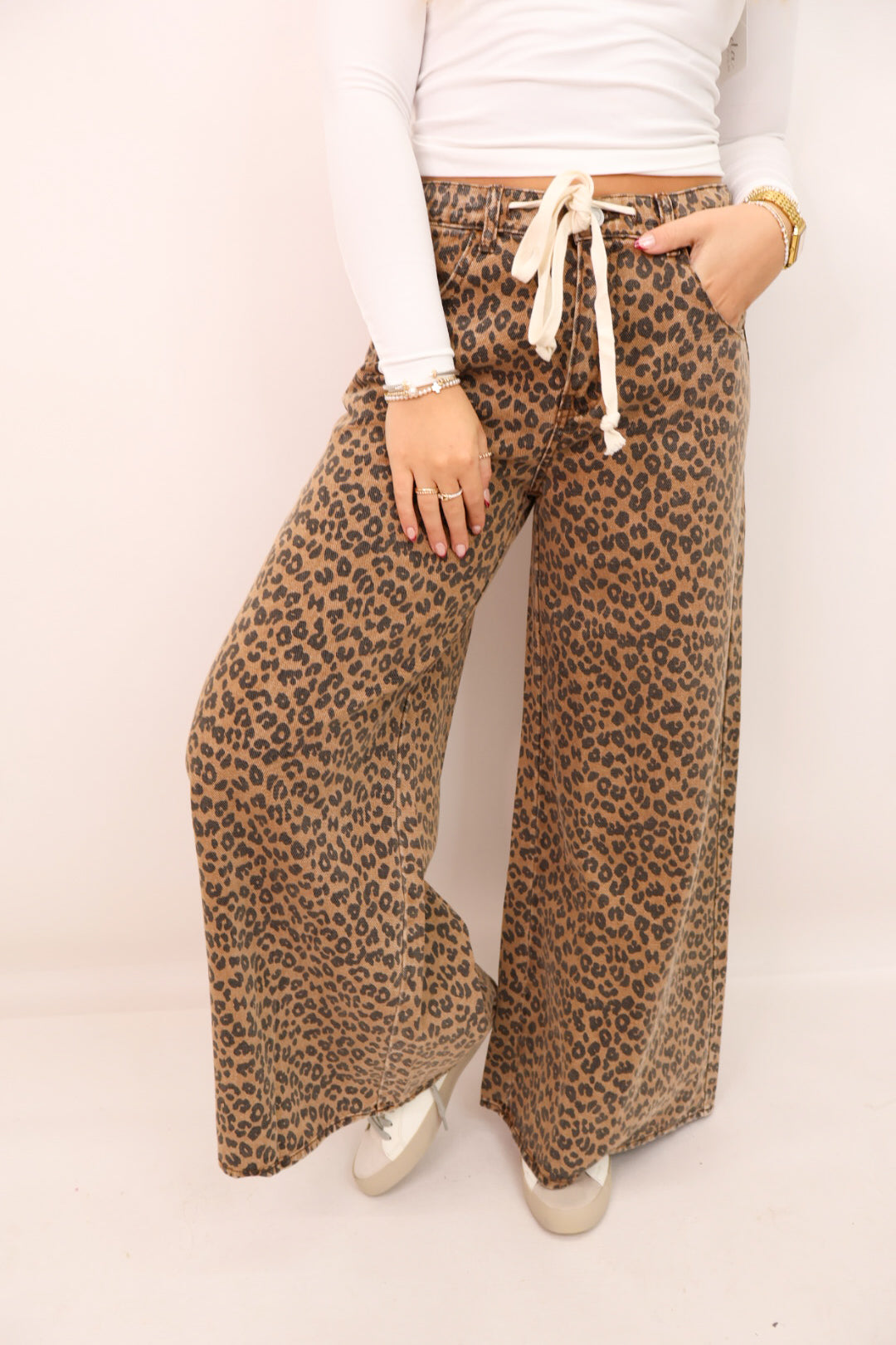 Leopard Wide Leg Washed Denim Pants