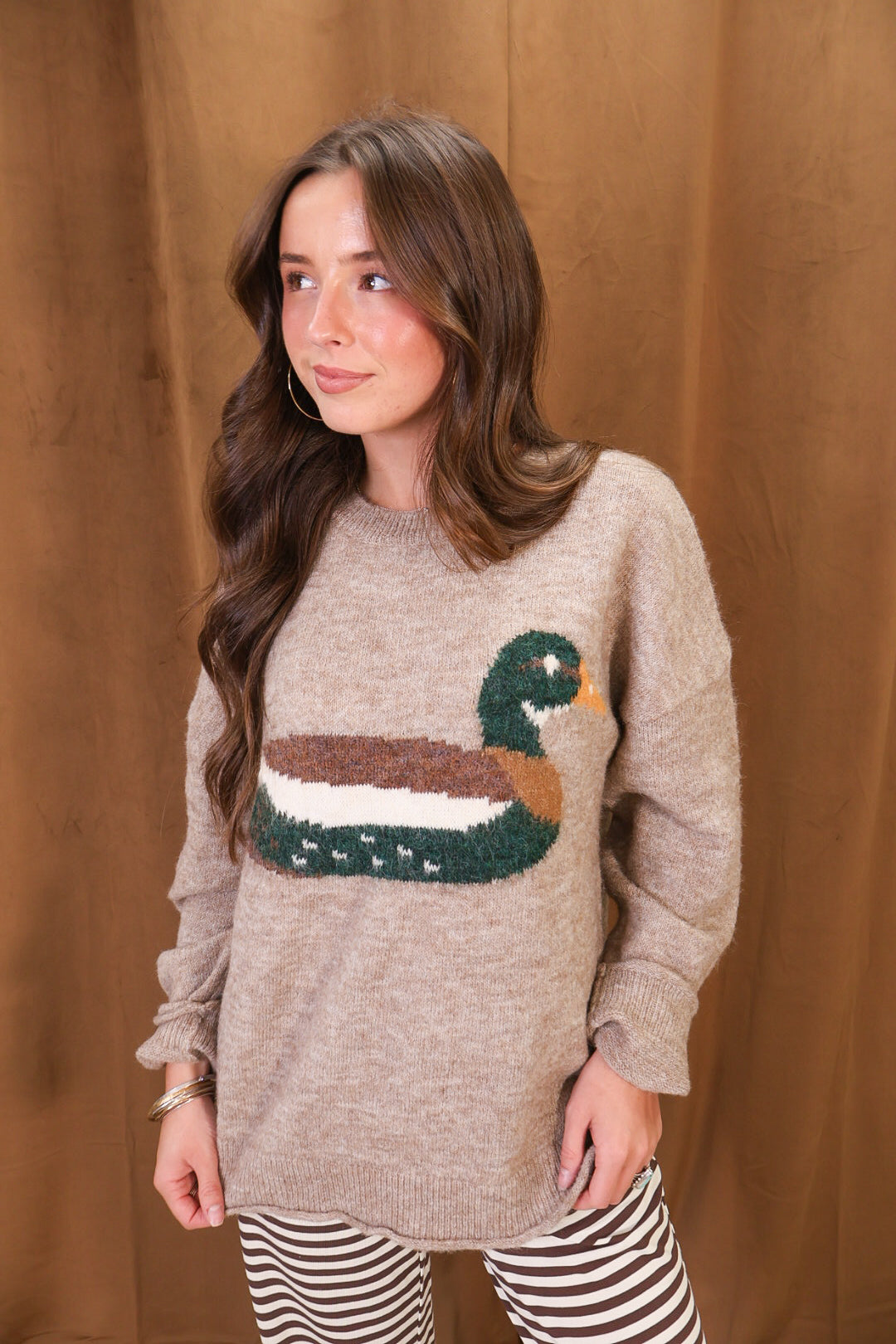 Mocha Mallard Graphic Sweater — front view.