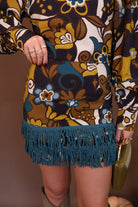 Retro Floral Fringe Trim Mini Skirt Set — close-up of teal fringe skirt hem.