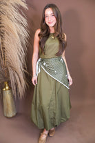 Model wearing the Olive Bubble Midi Dress with Scarf from Moda Boutique