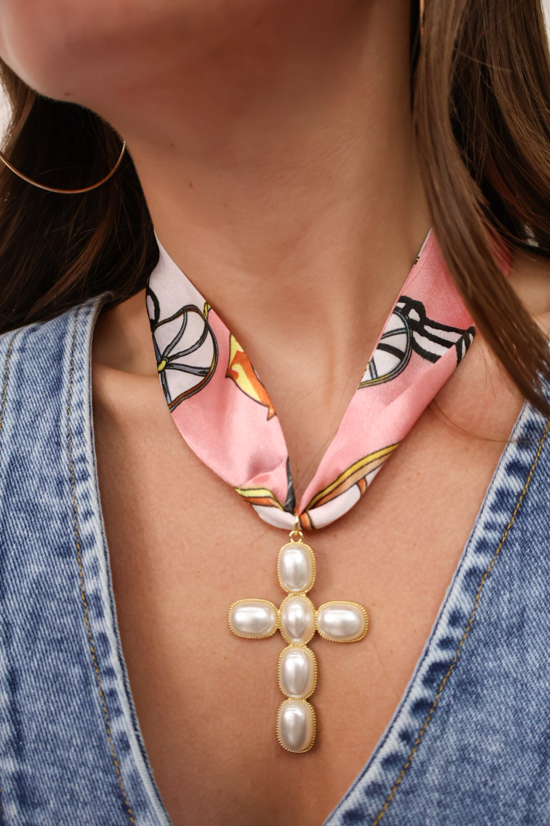 Pink Scarf Necklace with Pearl Cross Pendant