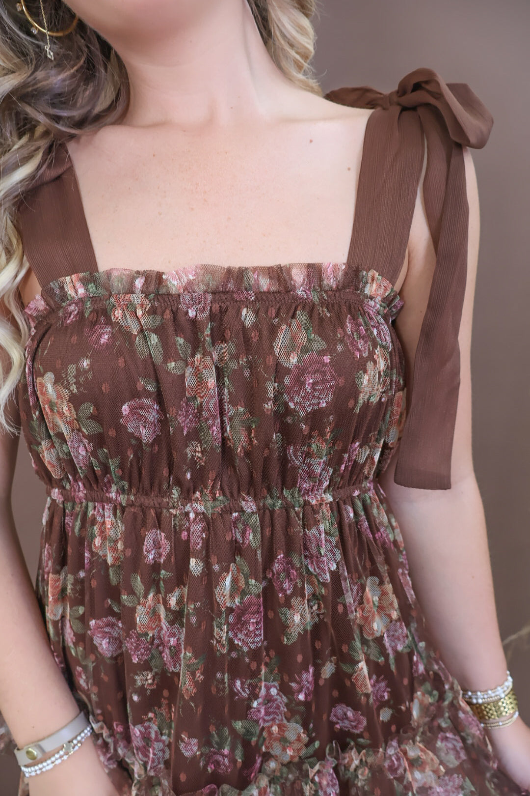 Chocolate floral mesh tiered midi dress with shoulder ties and smocked back