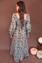 Sage And Burgundy Floral Long Sleeve Maxi Dress — back view.