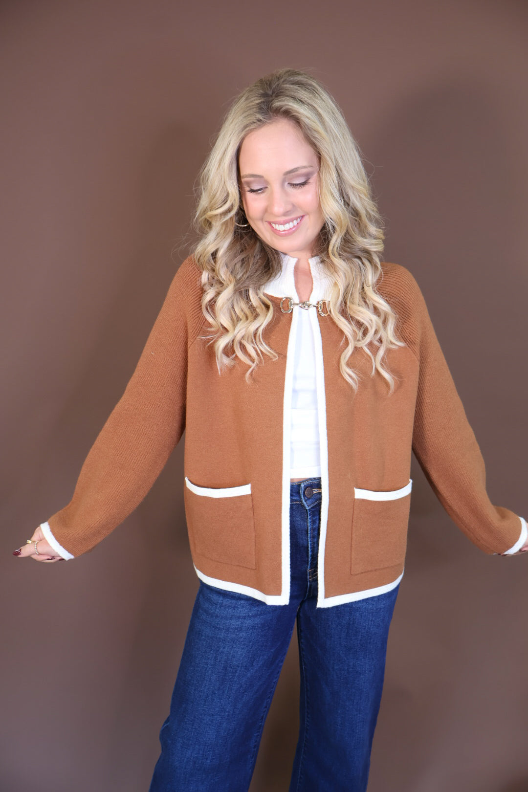 Camel Horsebit Detail Open-Front Cardigan — front view with arms extended.