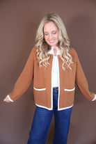 Camel Horsebit Detail Open-Front Cardigan — front view with arms extended.
