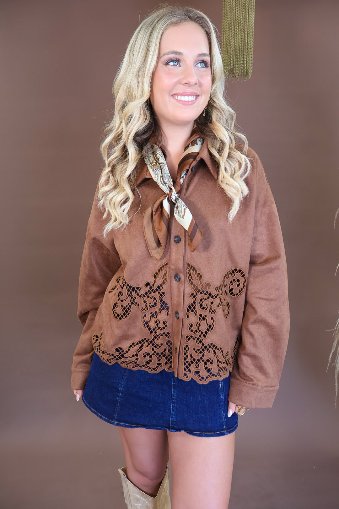 Chocolate faux suede shirt jacket with sheer cutout hem