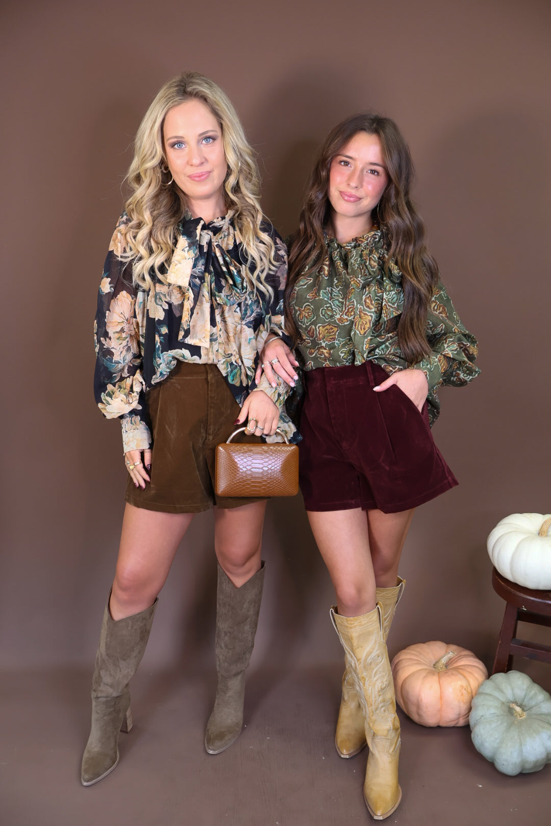 Burgundy Brushed Velvet Trouser Shorts — shown beside olive velvet shorts.