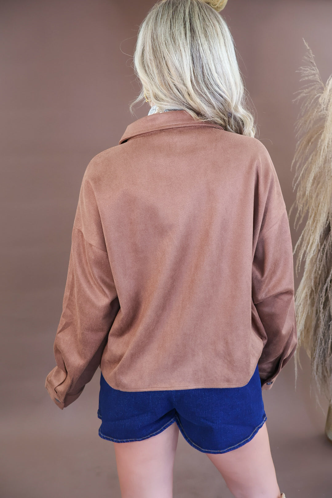 Chocolate faux suede shirt jacket with sheer cutout hem