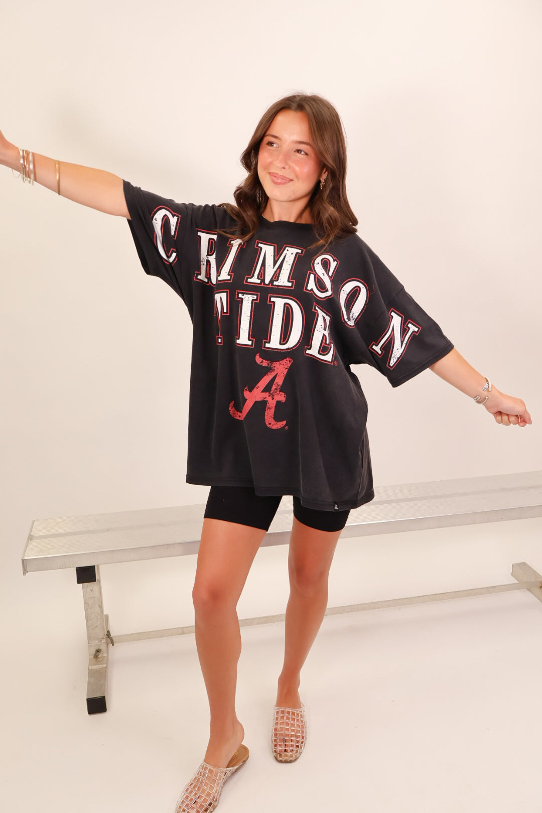 Washed black Alabama Crimson Tide distressed oversized tee on model