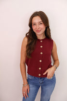 Sleeveless Button Front Knit Vest Top - Burgundy