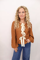 Tie Front Long Sleeve Top - Caramel