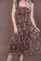 Chocolate floral mesh tiered midi dress with shoulder ties and smocked back