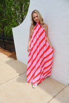 Pink Striped Halter Maxi Dress