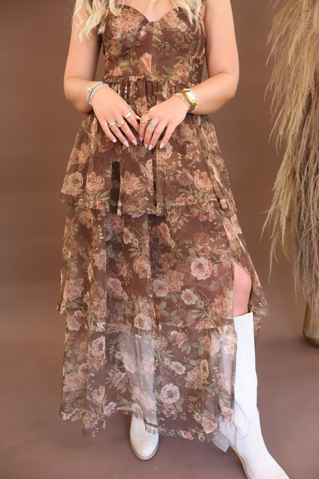 Chocolate floral mesh dress with ruffle straps and side slit