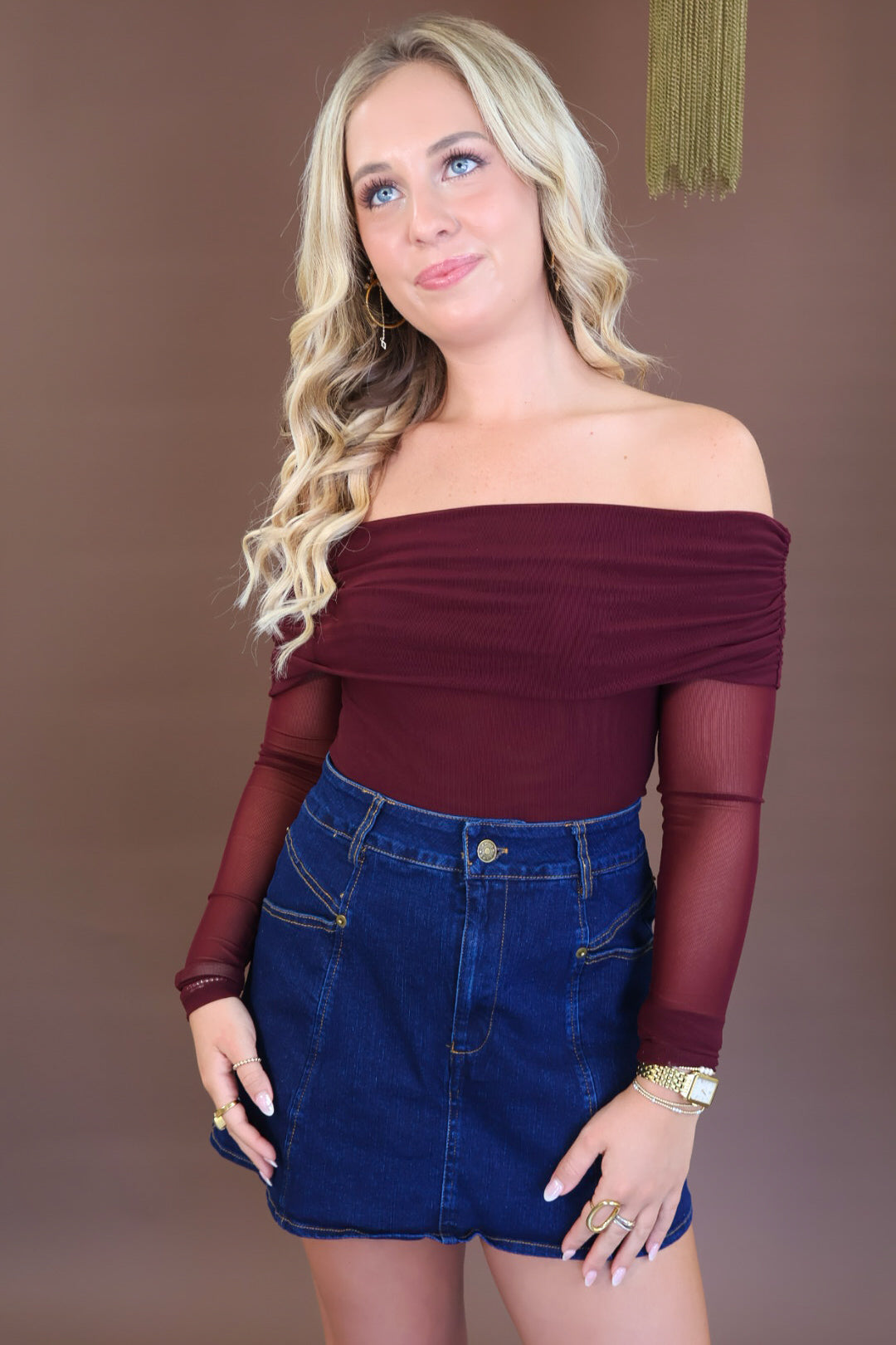 Burgundy mesh off shoulder long sleeve bodysuit