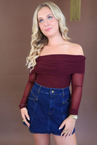 Burgundy mesh off shoulder long sleeve bodysuit