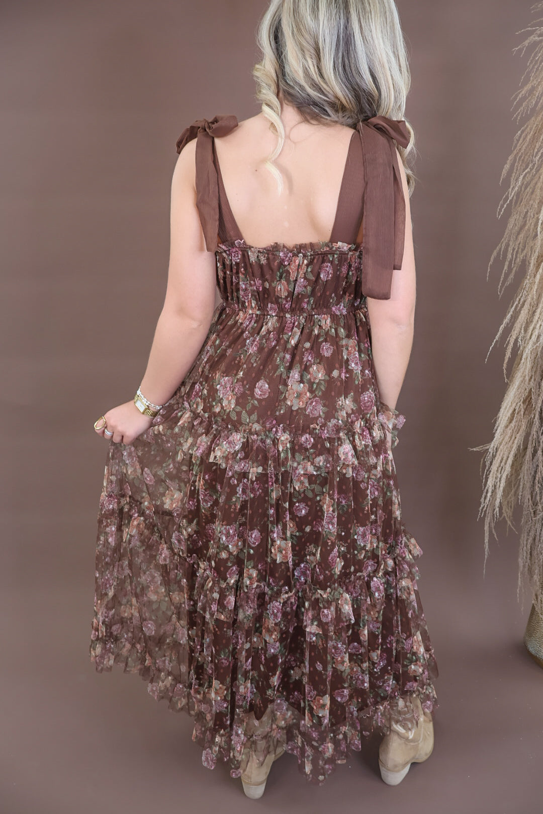 Chocolate floral mesh tiered midi dress with shoulder ties and smocked back