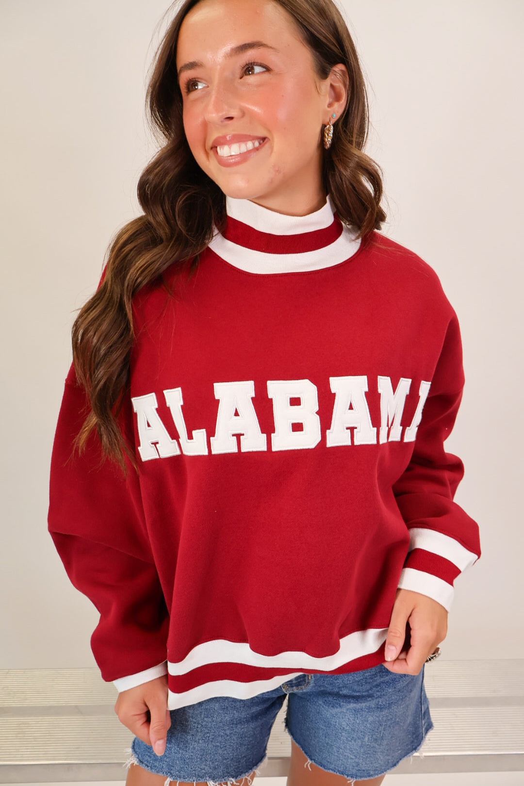 Crimson Alabama varsity mockneck pullover with white appliqué lettering — view 2