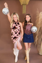 Blush velvet burnout floral dress with asymmetrical fringe hem