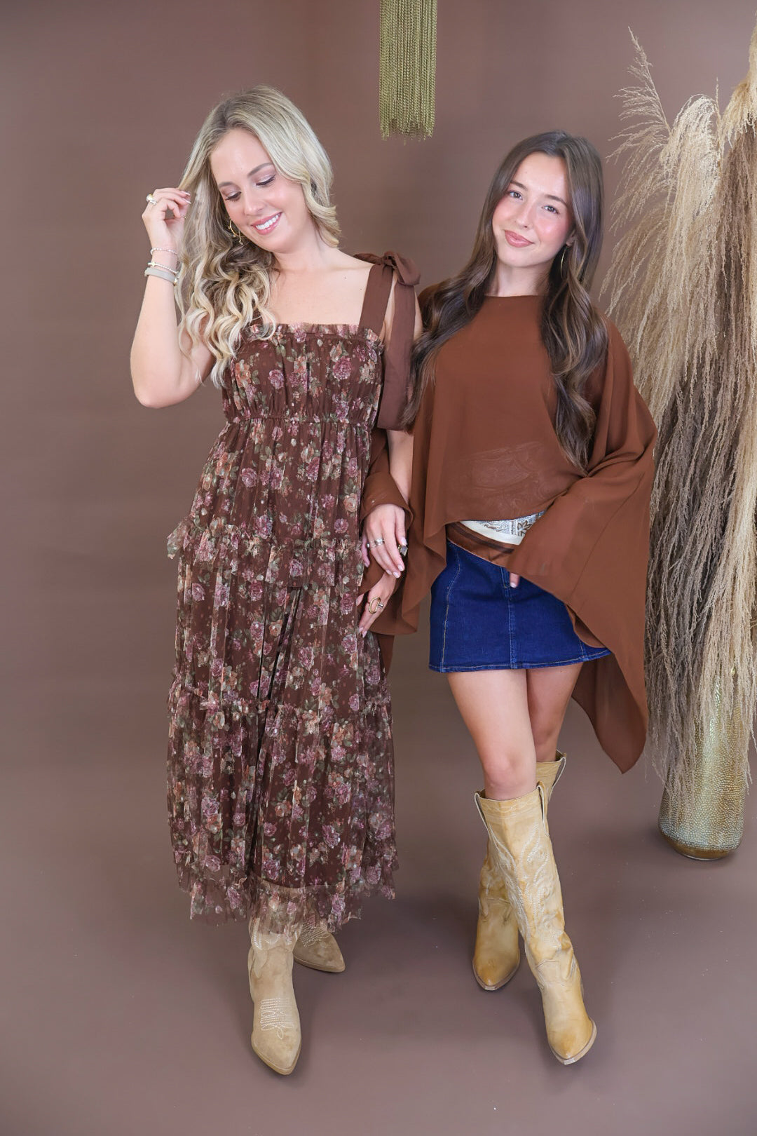 Chocolate sheer batwing poncho top layered over included cami