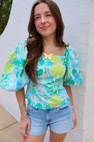 Green and Blue Floral Puff Sleeve Top