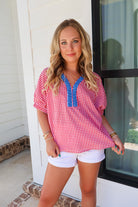 Red Gingham Top with Blue Braided Trim