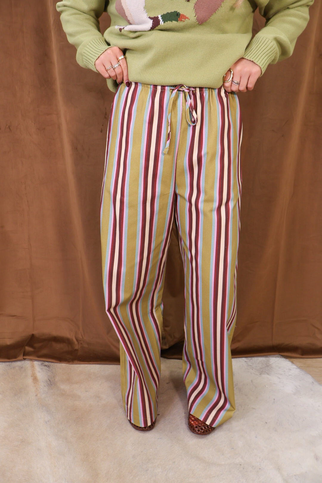 Multicolor Striped Wide Leg Pants — front view.
