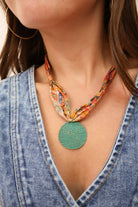 Boho Scarf Necklace with Teal Circle Pendant