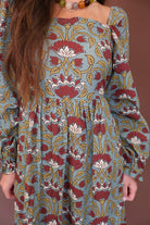 Sage And Burgundy Floral Long Sleeve Maxi Dress — close-up of gathered bodice.