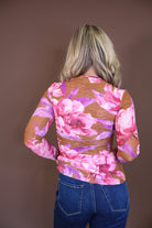 Pink Floral Fitted Long Sleeve Mesh Top — back view.