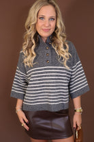 Gray Striped Henley Sweater — full outfit view.
