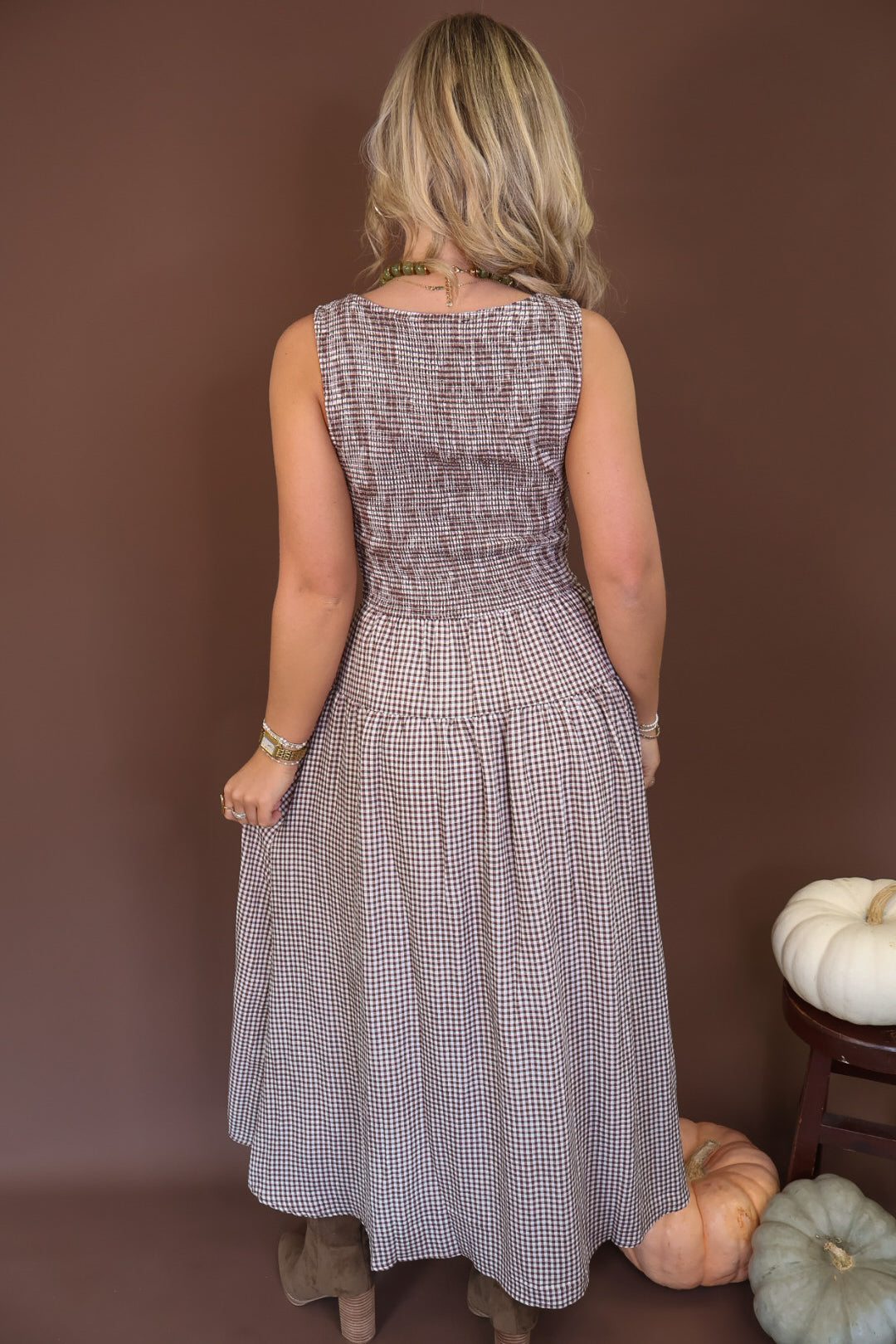 Brown Gingham Smocked Sleeveless Midi Dress — back view.
