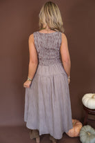 Brown Gingham Smocked Sleeveless Midi Dress — back view.